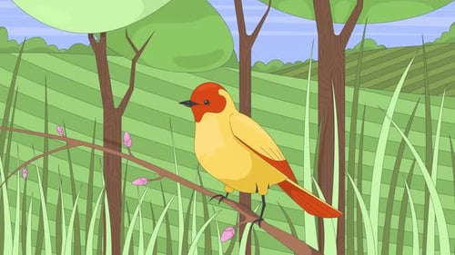 Kleiner Vogel thront auf einem Knospenzweig im üppigen Grasland 2D-Zeichentrickanimation
