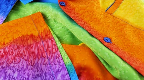 Top view of a shirt made of bright fabric dyed in rainbow colors rotates on a display case.