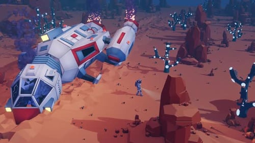 A crashed spaceship on an alien planet