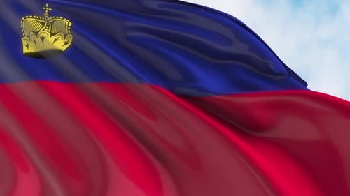 Realistic Waving Flag of Liechtenstein with Blue Sky Background