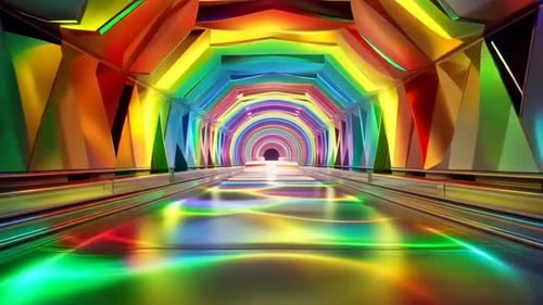 Abstrakter Regenbogentunnel mit lebendigen Neonlichtern und Reflektoren