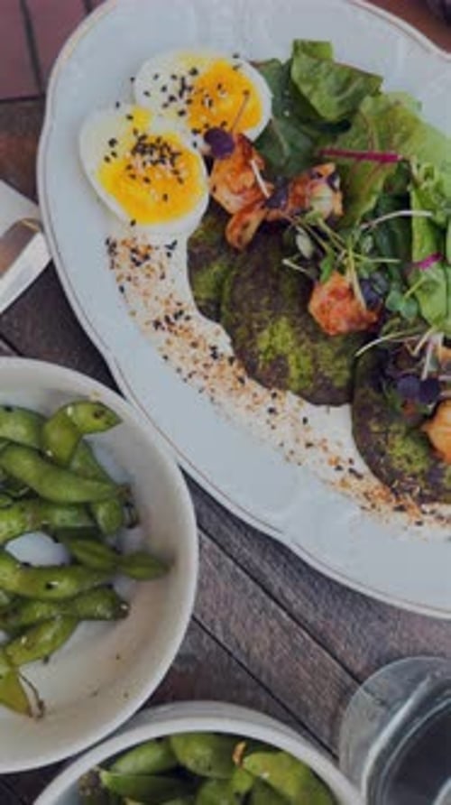Delicious Overhead Food Spread with Coffee and Edamame