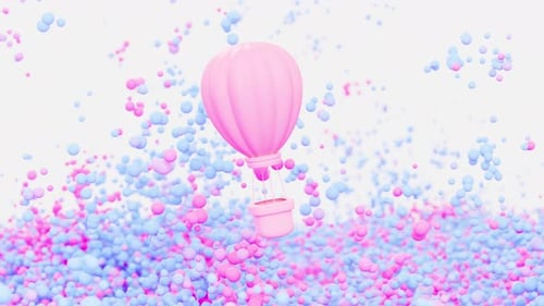 Cute Pastel Hot Air Balloon Floating with Bouncing Bubbles