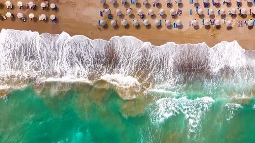 Top Down View of the Sea Sandy Beach Sun Umbrellas and Sunbeds