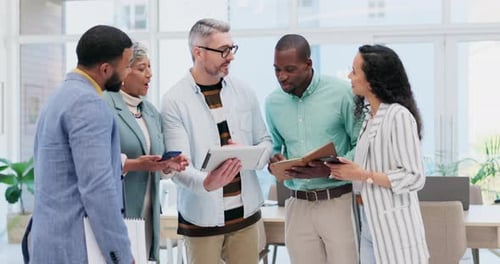 Group collaboration, tablet and business people, manager or team work on analysis