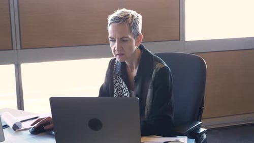 Businesswoman Working at Computer and Laptop at Office Desk 5054 Years