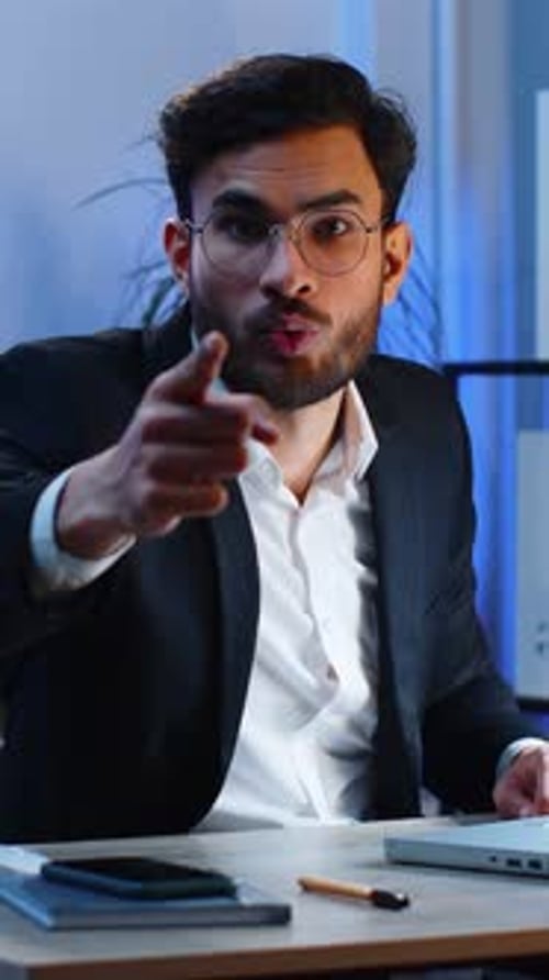 Business Man Working on Office Laptop Pointing to Camera Looking with Happy Expression Making Choice