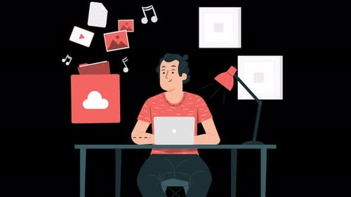 man using computer to save media files, man working in office reviewing 4k animation files on alpha