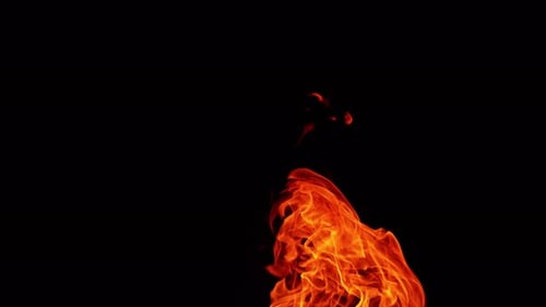 Upper part of bonfire burning at night. Flame tongues reach into the air. Close up.