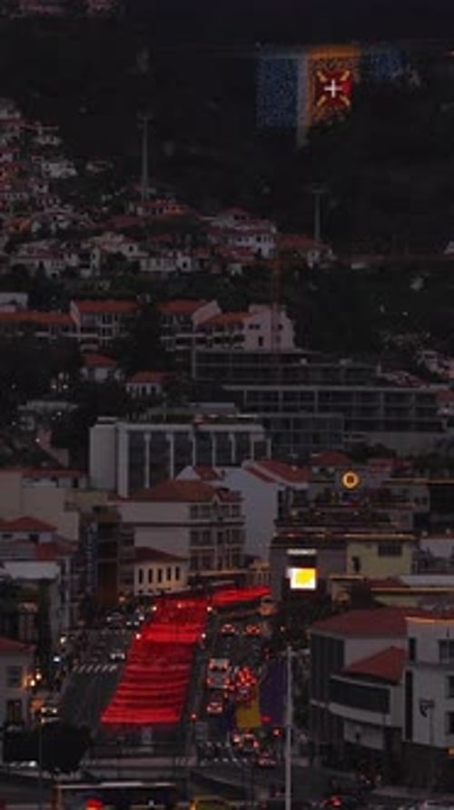 Aerial Dusk View of Funchal Madeira with Cable Cars and Lights