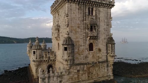 Aerial view of Belem Tower in Portuguese Torre de Belem or the Tower of St. Vincent in Lisbon