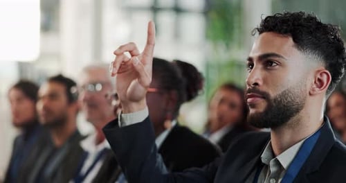 Raised hand, meeting and businessman in office with question for corporate finance forecasting