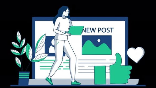 Woman with a tablet in front of a blog post interface