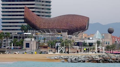 Famous Peix Sculpture Gold Fish in Area of Port Olympic in Barcelona