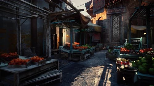 Sundrenched Alley Filled with Vibrant Produce and Rustic Charm