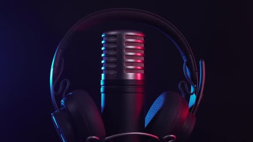 PoStudio Microphone and Headphones rotating in loop with Neon Lighting