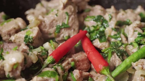 Chicken or Pork Stew with Red and Green Pepper Onion and Spices Cooking in a Frying Pan Traditional