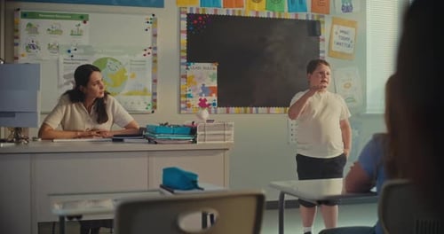 Elementary School Boy Presenting Homework on Ecology in Front of Classmates and Female Teacher