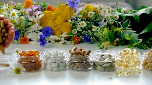 Assorted Supplements in Jars with Colorful Floral Background