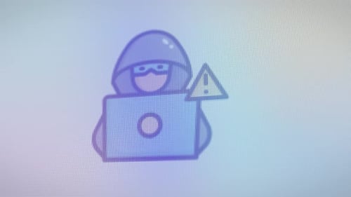 Pixelated Hacker Icon with Blinking Warning Sign