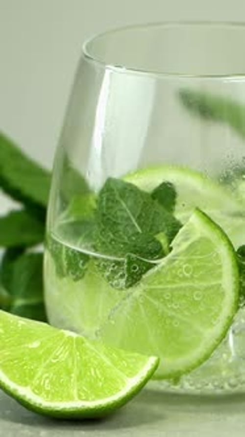 Refreshing Lime and Mint Beverage Being Poured