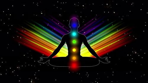 Male Shape Sits in Meditation Cyclical 3D Aura Animation Visualization of Chakras Energy and Light