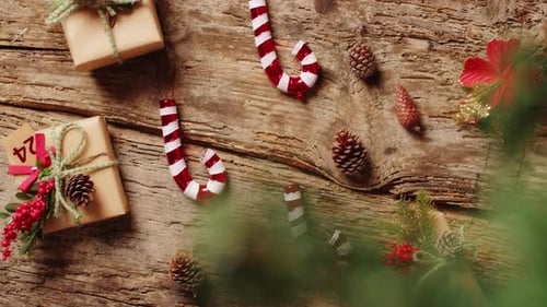Christmas Decorations on Rustic Wooden Table