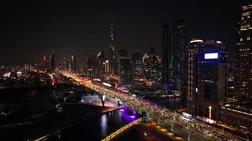 Aerial view of Dubai skyline at night, United Arab Emirates.