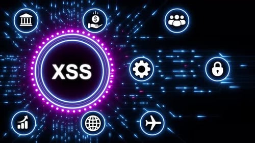 Concepto de ataque XS de ciberseguridad con red digital e íconos Palabras clave