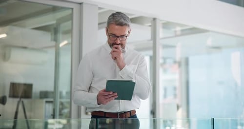 Businessman, tablet and thinking in office with finance report, budget review and statement