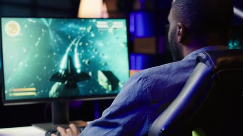 Close Up of Person Navigating Universe in Simulation Game on PC