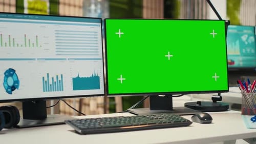 Empty Company Office Features Digital Resources and Mockup on Monitor