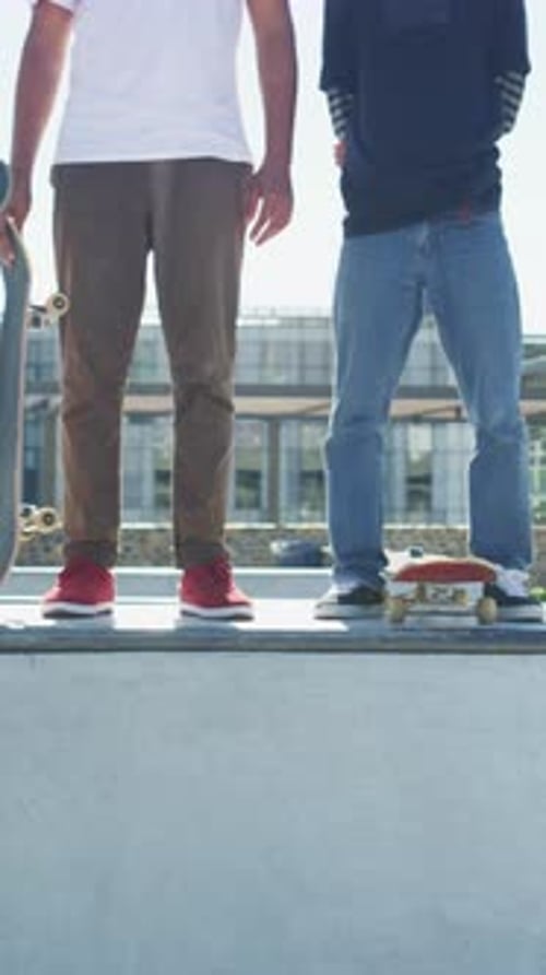 People, skateboard and legs with ramp in city for outdoor hobby, extreme sport or parkour
