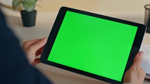 Manager Finger Touching Greenscreen Tab at Office Closeup Woman Working Device