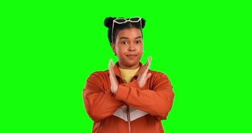 Green screen, head shake or woman face with no gesture, wrong decision or opinion disagreement