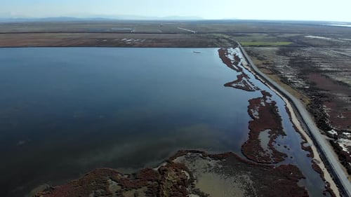 Beautiful landscape with dried land surrounding calm shallow lagoon with reeds and marshland where m