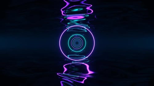 Violetter und türkisfarbener Flüssigkeitswellenbereich mit Neonkreishintergrund VJ Loop in 4K