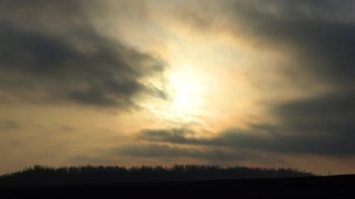 Frühlingssonnenaufgang und Vogelschwärme über dem Feld 002