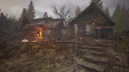 An Old Village with Wooden Dilapidated Houses