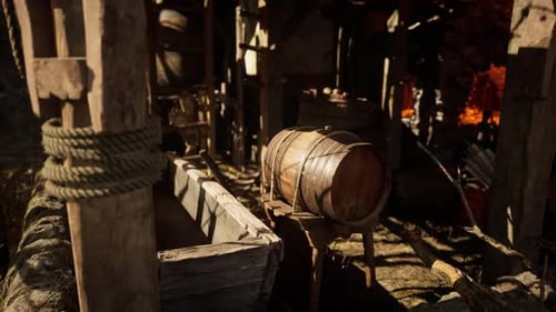 Wooden Barrels and Rustic Storage in a Historical Workshop Setting