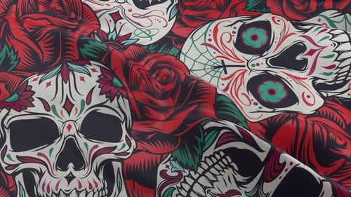 Animated Sugar Skulls and Red Roses Pattern Background