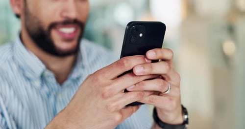 Hands, business man and typing with phone in office for texting, email response or check schedule