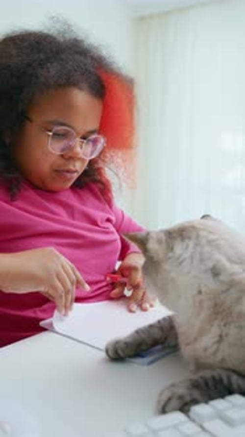 Un enfant discute avec un chat tout en travaillant à un bureau lumineux dans une pièce confortable