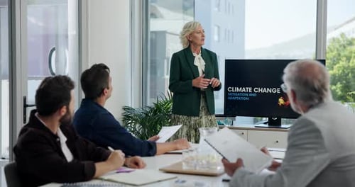 Presentation, climate change and planning with business people in office for environment