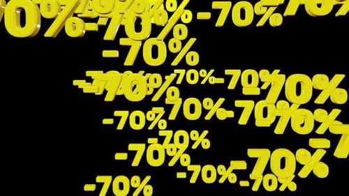 Yellow minus seventy percent symbols fall down isolated on black background, looped 3d render
