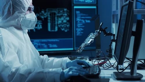 Microelectronics Engineer Works in a Modern Scientific Laboratory on Computing Systems and