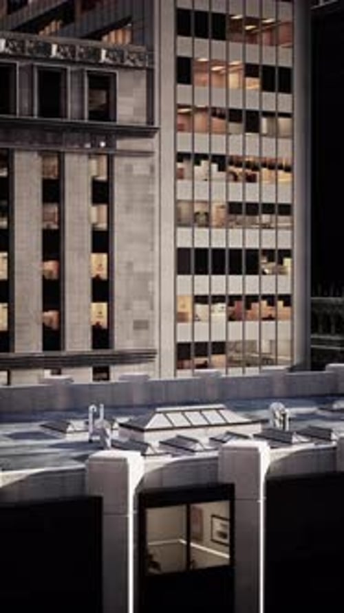 City Buildings Reveal Modern Architecture at Twilight and Vibrant Office Life