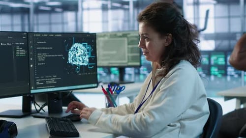 Developer Listening Music While Programming in AI Data Center