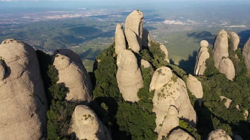 Aerial views of Montserrat peaks, a mountain range in Catalonia. Montserrat conglomerate crags