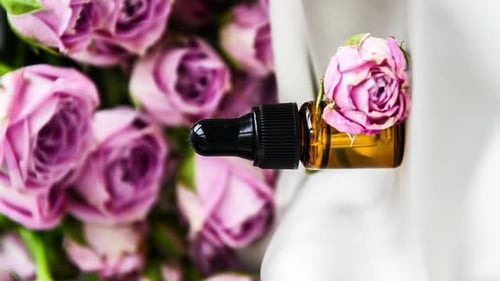 Zoom in Out Vertical Rose Oil Spa e Aromaterapia Frasco de óleo essencial de flores de rosas com pipeta